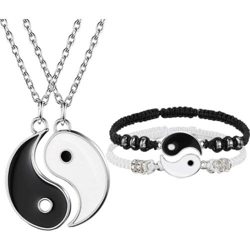 4pcs China Tai Chi Couple Bracelet Necklace Feng Shui Leather Cord Braided Chain Bracelet Alloy Pendant Braided Bracelet Gift