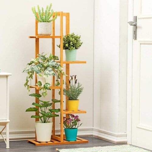 5 Tier Floor Simple Flower Pot Rack Bamboo Balcony Sitting Room Flower Plant Display Stand Indoor Plant Stand