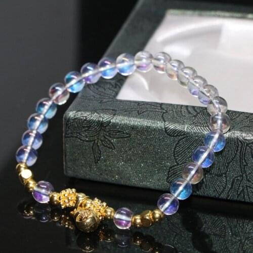 Hot sale electroplate purple crystal strand bracelet 6mm round beads gold-color gourd pendant jewels 7.5inch B2136
