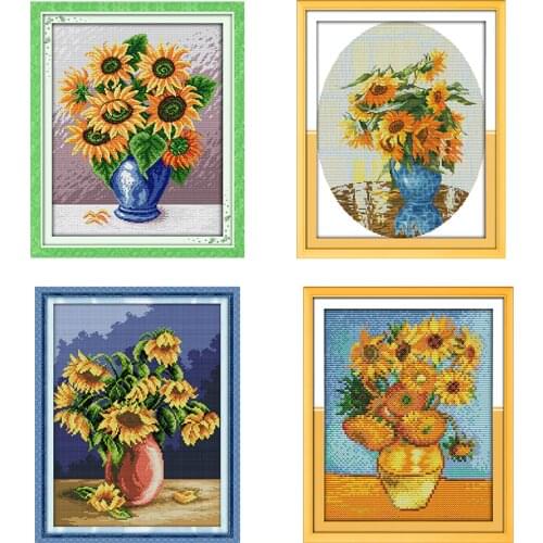Oil painting sunflower vase pattern DMC cross stitch 14ct 11ct canvas print cross stitch kit DIY embroidery kit home decoration