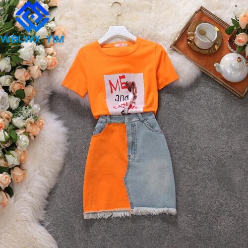 Two piece set Womens Summer O-Neck Short Sleeve Short Tshirt And High waist Patchwork A-Line Skirts Fashion 2 piece set Women