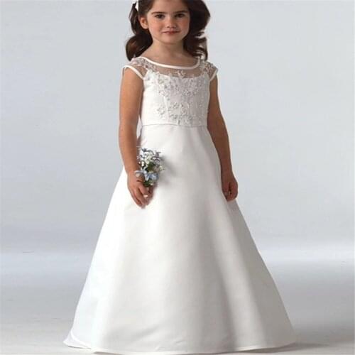 Hot Sale Elegant satin Flower Girl Dresses Appliques Long Princess Party Pageant First Communion Dresses