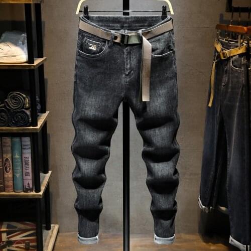 Korean Style Fashion Men Jeans Retro Black Gray Elastic Slim Fit Vintage Jeans Men Embroidery Designer Casual Denim Pencil Pants