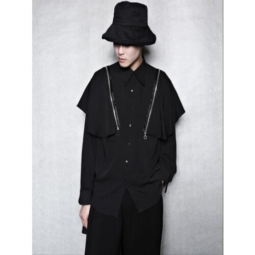 Mens long sleeve shirt Spring and Autumn new lapel zipper removable shawl design long sleeve shirt bat sleeve double splice