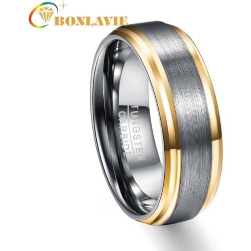 BONLAVIE Party Ring Gold Color Edge Brushed Men Rings 100% Tungsten Carbide Steel Multi-size Anillos para hombres Pierscienie