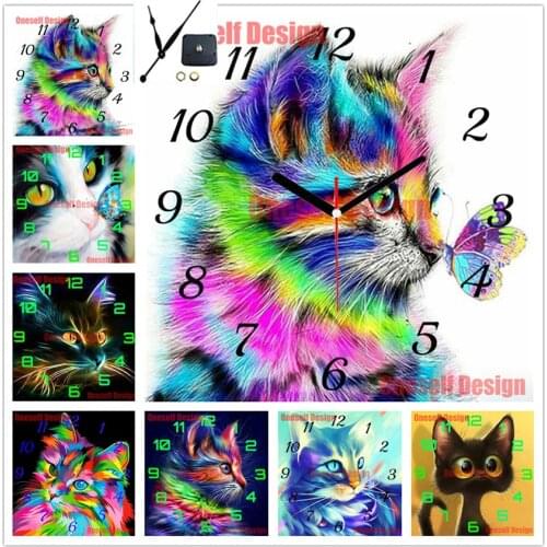 Diy diamond painting cross stitch with clock cute cat diamond art kit diamond embroidery full set decoration home wall sticker