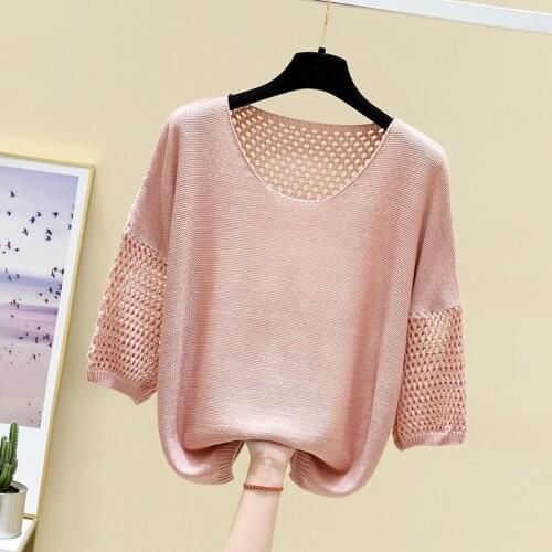 2021 the new round collar sweater in thin section hollow-out sweater female bats sleeve loose wave in the summer coat