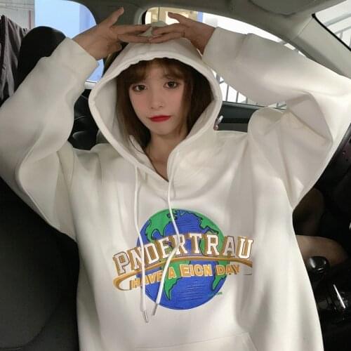 Autumn And Winter Hooded Sweatshirt Womens Harajuku Style Plush Thick Loose Stitched Letter Embroidered Coat High Street Wm