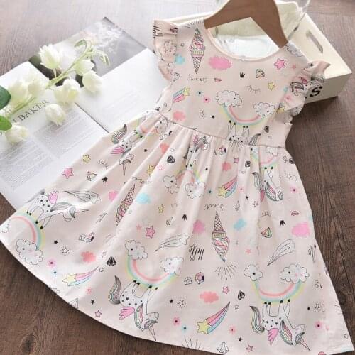 Menoea Girls Dresses 2021 Summer Cartoon Pattern Korean Fashion Flower Print Baby Clothes Casual Letter Sweet Style Dress