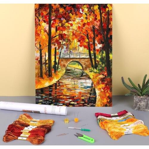 Octobers Canal Printed Water-Soluble Canvas 11CT Cross Stitch Complete Kit DIY Embroidery DMC Threads Craft Stamped