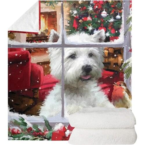 Christmas Decorative Flannel Blanket Xmas Animals Dog Printing Blanket Throw Blanket for Bedroom Livingroom Sofa