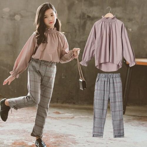 Girls Fall Clothes for Kids Long Sleeve Pullovers Shirts Simple Tops +Plaid Pants Set Outfits Girls Clothing 4 6 8 10 12 Years