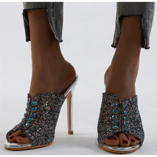 Nice summer high heels slippers sandals women Vogue sexy bling crystal peep toe slip on silver slides party shoes female
