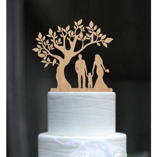 Family Style Bride and Groom with a boy Silhouette Tree Wedding Engagement Cake Topper Rustic Wood free shipping