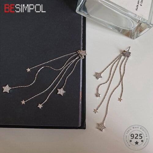 Besimpol Real 925 Sterling Silver Star Drop Earrings Elegant Tassel Silver Earrings For Women Female Luxury Fine Jewelry Gifts