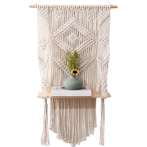 Bohemian Macrame Tapestry Rack Hand-woven Wall Hanging Flower Storage Wooden Shelf Cotton Rope Tapestry Wall Decoration Shelf