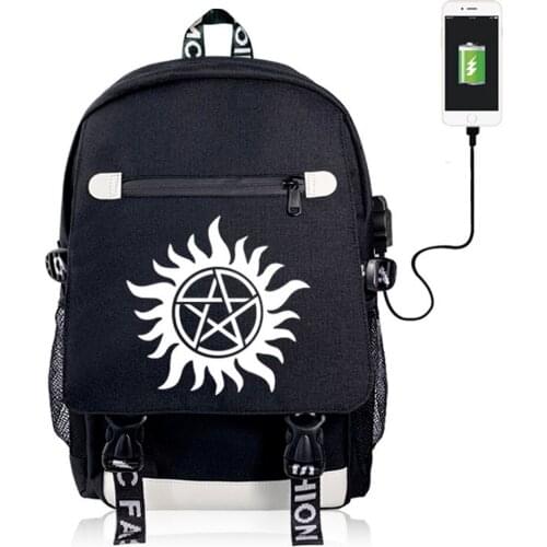 TV Supernatural USB Charging Backpack Zip School Bag Shoulder Bag Packsack Mochila Student Casual Traveling Laptop Bag Rucksack