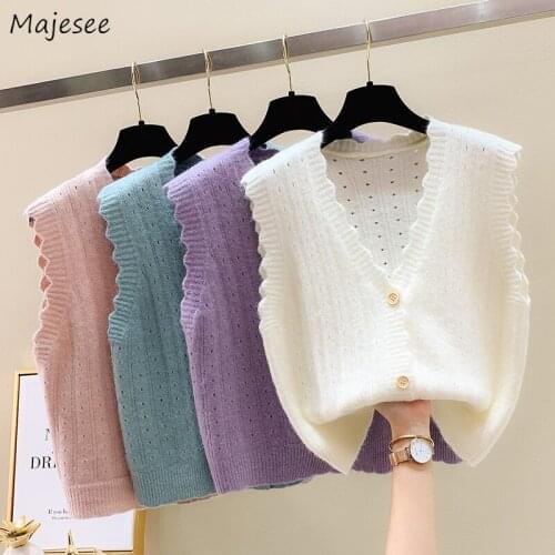 Sweater Vest Women Solid Hollow Out V-neck Single Breasted Outwear Knitted Sleeveless Elegant Spring New Loose XXL Trendy Holes
