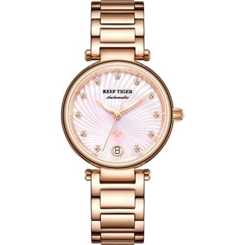 Reef Tiger RGA1590 Women Luxury Austria Crystal Scale Sapphire Mirror Lady Automatic Meachanical Wrist Watches - Rosegold