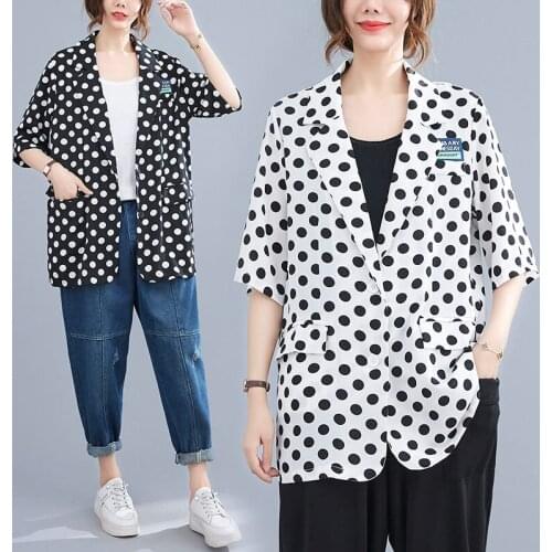 Polka Dot Suit Jacket Women Spring Summer Plus Size Loose Shirt Female Fashion Casual Wild Middle Sleeve Blazer Coat Top zh1132