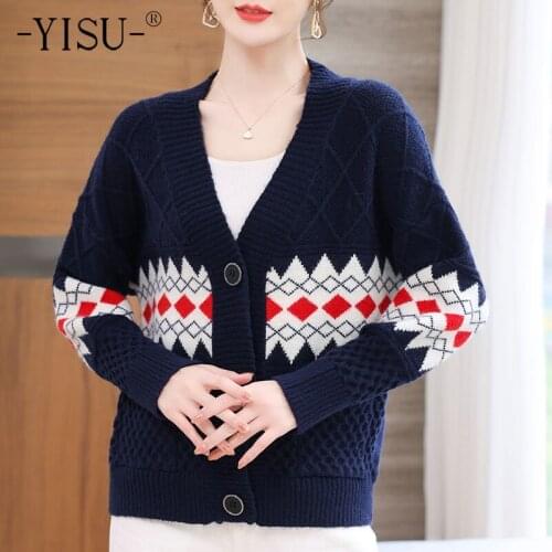 YISU 2021 Autumn Winter Women Sweater Cardigan Short V-Neck Tops Knitted Cardigan Casual Warm Single breasted Sweater Cardigan