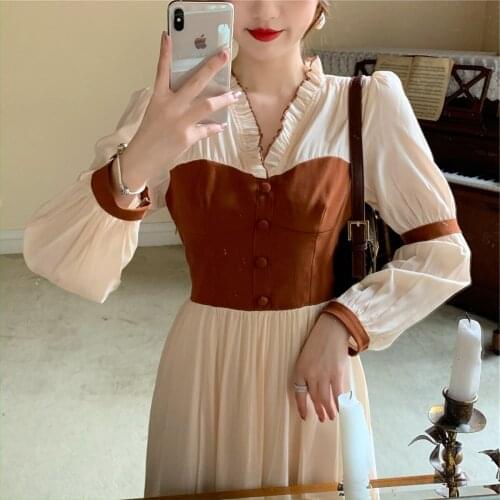 French Temperament Slim Waist Long Dress Women Spring Patchwork Vintage New Bandage Dress Lantern Sleeve A-Line one piece 2021