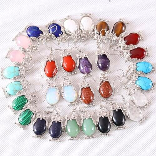 10Pairs Jewelry Gift for Women Dangle Earrings Natural Stone Multicolors Oval CAB Cabochon16x28MM Animal Owl Earring U100