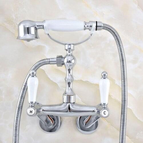 3-3/8" Polished Chrome Shower Faucet Wall Mounted Double Handle Bathroom Shower Mixer Faucet with Hand Shower zqg414
