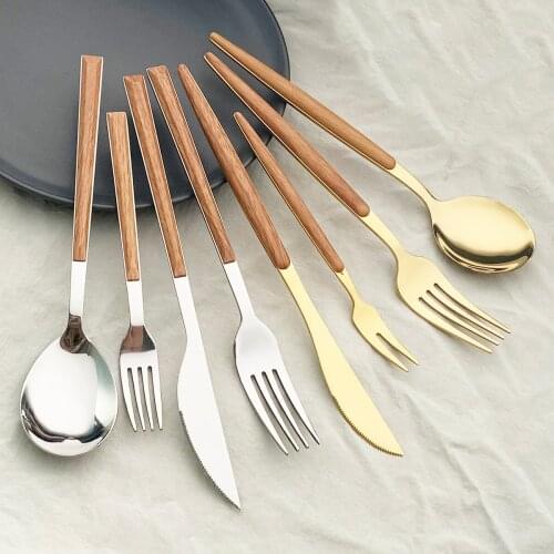 4Pcs Gold Cutlery Set Stainless Steel Dinnerware Wooden Handle Tableware Glossy Knife Fork Spoon Western Kitchen Silverware Set