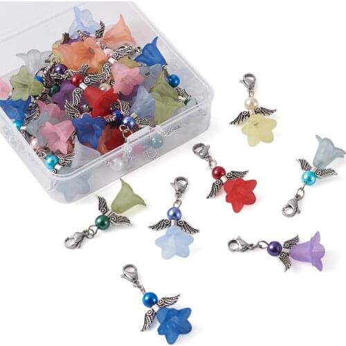 40pcs/box Acrylic Angel Charms Pendants with Glass Pearl Bead Lobster Claw Clasps,Wing Alloy Beads DIY Jewelry Decor Accessories