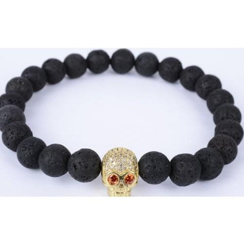 8mm jg4 silver gold copper skull micro pave cz zircon cubic zirconia Bracelet black volcanic lava stone Buddha Yoga Bangles
