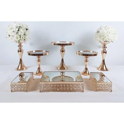 8 Pcs Gold Electroplate Crystal Cake Stand Set Mirror Metal Cupcake Display Wedding Birthday Party Dessert Plate Rack