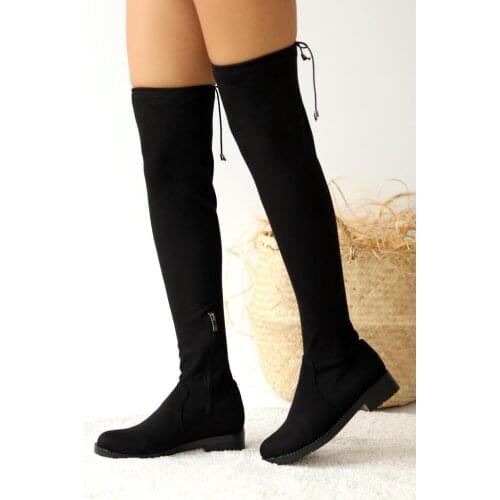 A9200-20Siyah Suede Pink Potin Black Suede Boots A9200-20