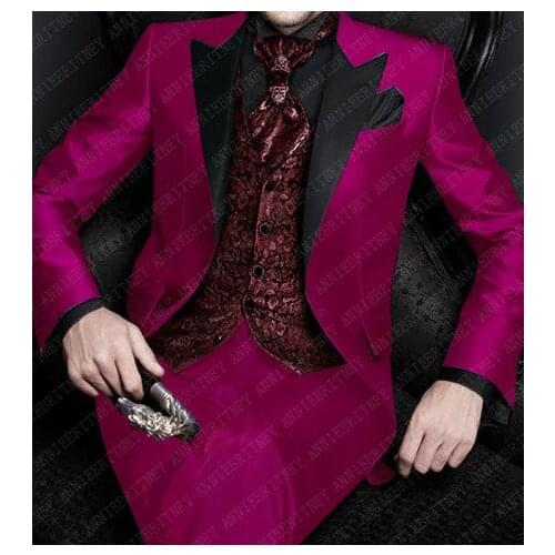 ANNIEBRITNEY Italian Men Tuxedo Slim Wedding Suits For Men Groomsmen Suit 3 Pieces Dark Pink Groom Wedding Dress Men Suits Set