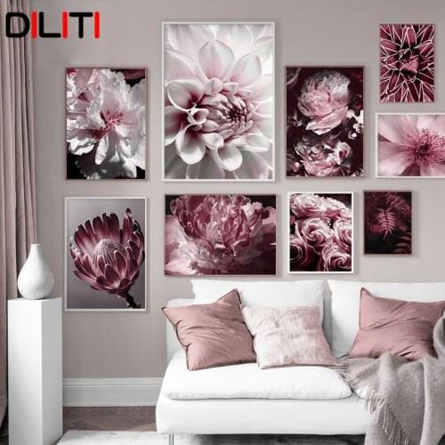Big Pink Peony Rose Flower Wall Art Cactus Leaves Canvas Painting Nordic Posters and Prints Pictures for Living Room Home Decor