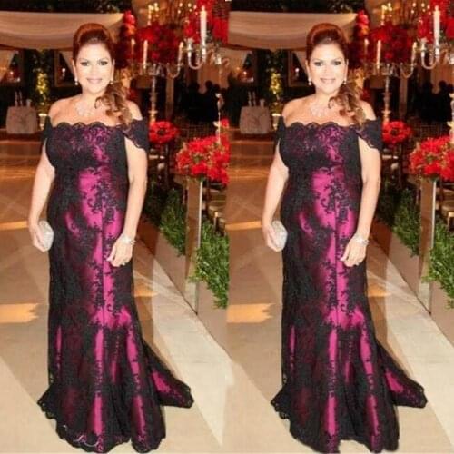 Black Lace Appliqued Evening Dresses Mermaid Trumpet Off Shoulder Long Plus Size Prom Party Gowns