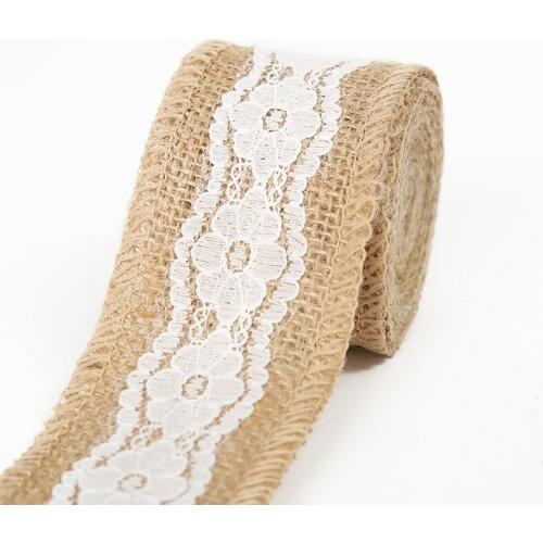 2 Meter Burlap Jute Ribbon with White Lace, Natural Hessian Ribbons Roll with Lace Trim for Weddi