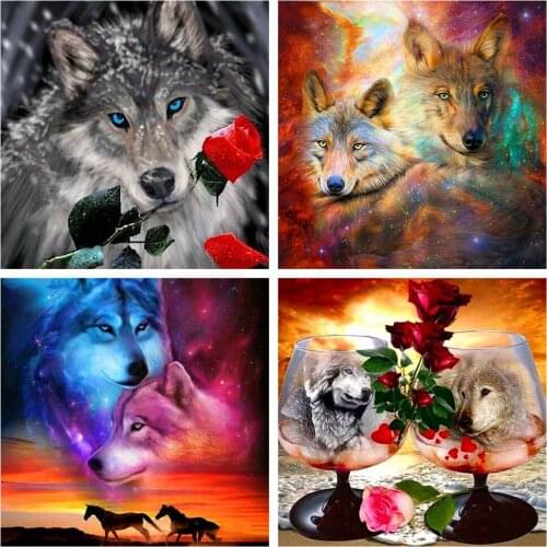 Huacan 5D DIY Diamond Painting Animal Wolf Full Square Diamond Embroidery Mosaic Rose Handmade Gift