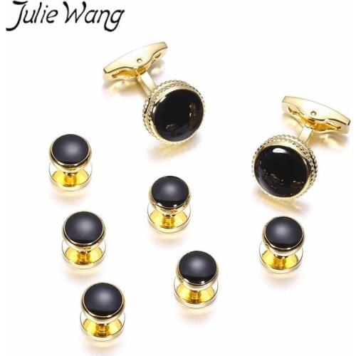 Julie Wang 8PCS/Set Black Fashion Round Cufflinks For Mens Shirt Cuff Buttons High Quality Sleeve Nail Business Gift