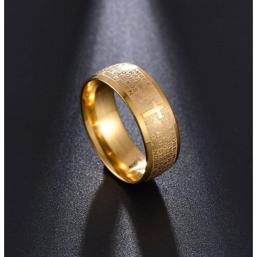 Stainless Steel Gold Jesus Cross Ring Letter Bible Prayer Finger Rings For Men Women 8mm Amulet Jewelry