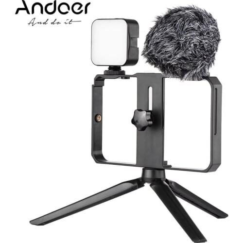 Andoer Smartphone Video Cage Kit Including Mini LED Fill Lights + Mini Microphone with Shock Mount Wind Screen for Phone Video