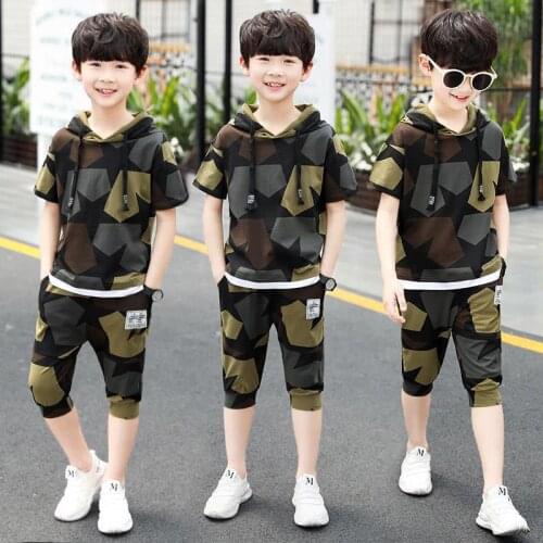 Boys Summer Kids Clothes Sets 6 8 10 12 14 Years Boy Sport Suit Camouflage Short Sleeve T-shirt+Pants Teenager Boys Clothing Set