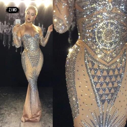 Sparkly Celebrity Long Sleeve Beading Dress Bodycon DJ Club Party birthday wedding Dancer drag queen costumes with tail festival