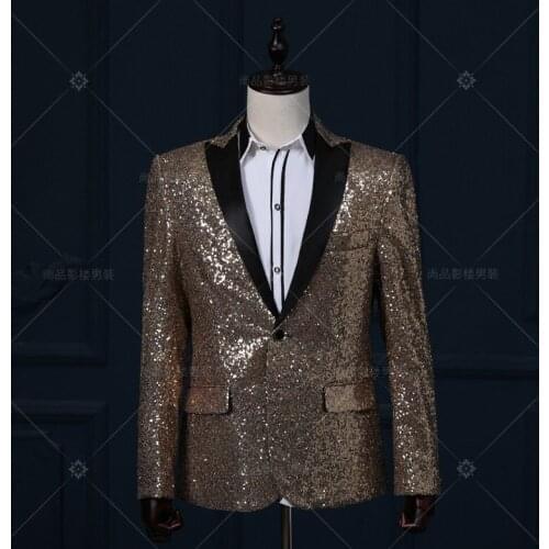 Mens bling full sewing sequins dark golden/silver color event/stage performance short tuxedo jacket