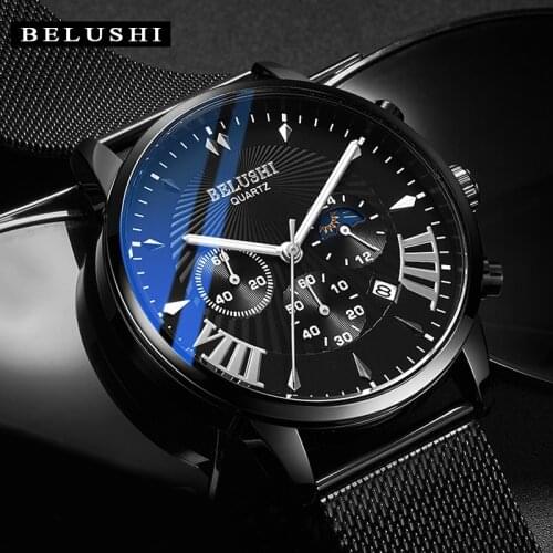 Relogio Masculino BELUSHI Luxury Quartz Watch for Men Watches Sports Watches Moon Phase Chronograph Mesh Belt Wrist Watch