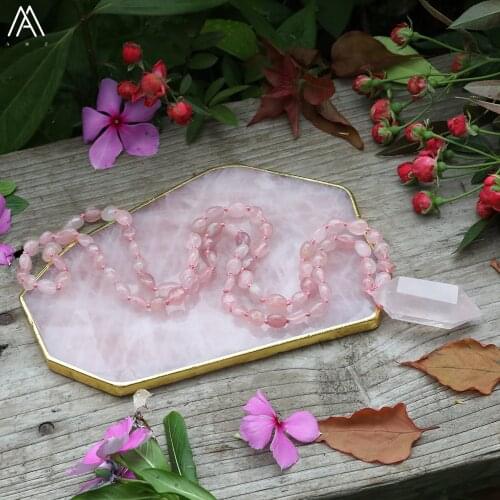 Natural Roses Quartz Double Point Pendant Nugget Chip Pink Quartz 108 Prayers Beads Knotted Handmade Necklace Women Mala Jewelry