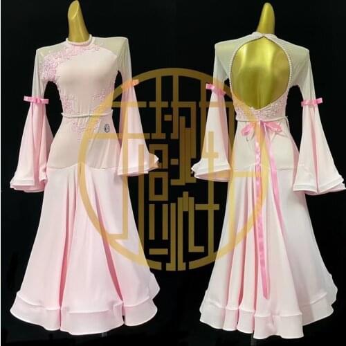 NEW costume ballroom tango dance dresses girl standard Performance Ruffle Long SleeveDancewearFull body suit with bra cupsPink
