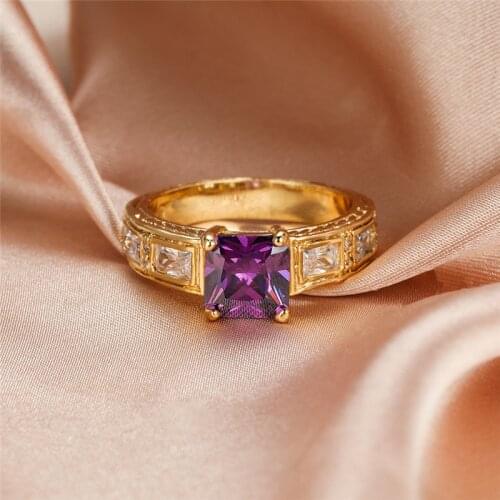 Charming Purple Stone Square Crystal Jewelry Dainty Gold Color Wedding Rings For Women Retro Engagement Ring Valentines Day Gift