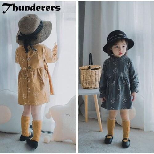 Thunderers Spring Autumn Long Sleeve Girl Princess Dress Printed Flowers Children Elegant Dress Cotton Toddler Baby Clothes