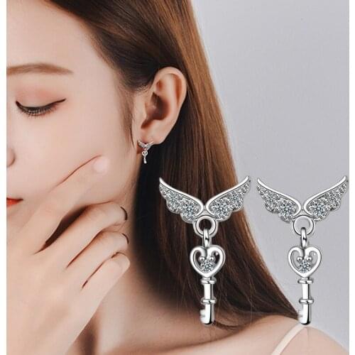 New Fashion Love Heart Key AAA Zircon Stud Earrings for Women Girls Korean Style Angle Wings Earring Jewelry Gift Accessories